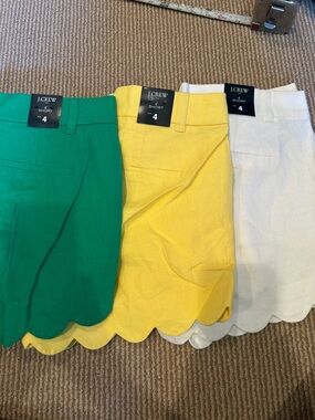 NWT J. Crew linen Cotten Scalloped Hem Shorts Trio in Green, Yellow, White 4/6